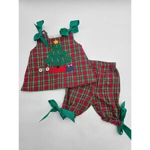 Bailey Boys Girl's 9M Christmas Tree 2-Piece Red Plaid Applique Boutique Outfit